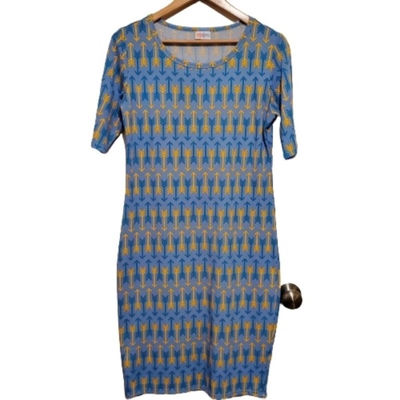 LulaRoe Julia Dress Womens Medium Blue Yellow Arrow Body Con Knee Length Stretch - Picture 1 of 5